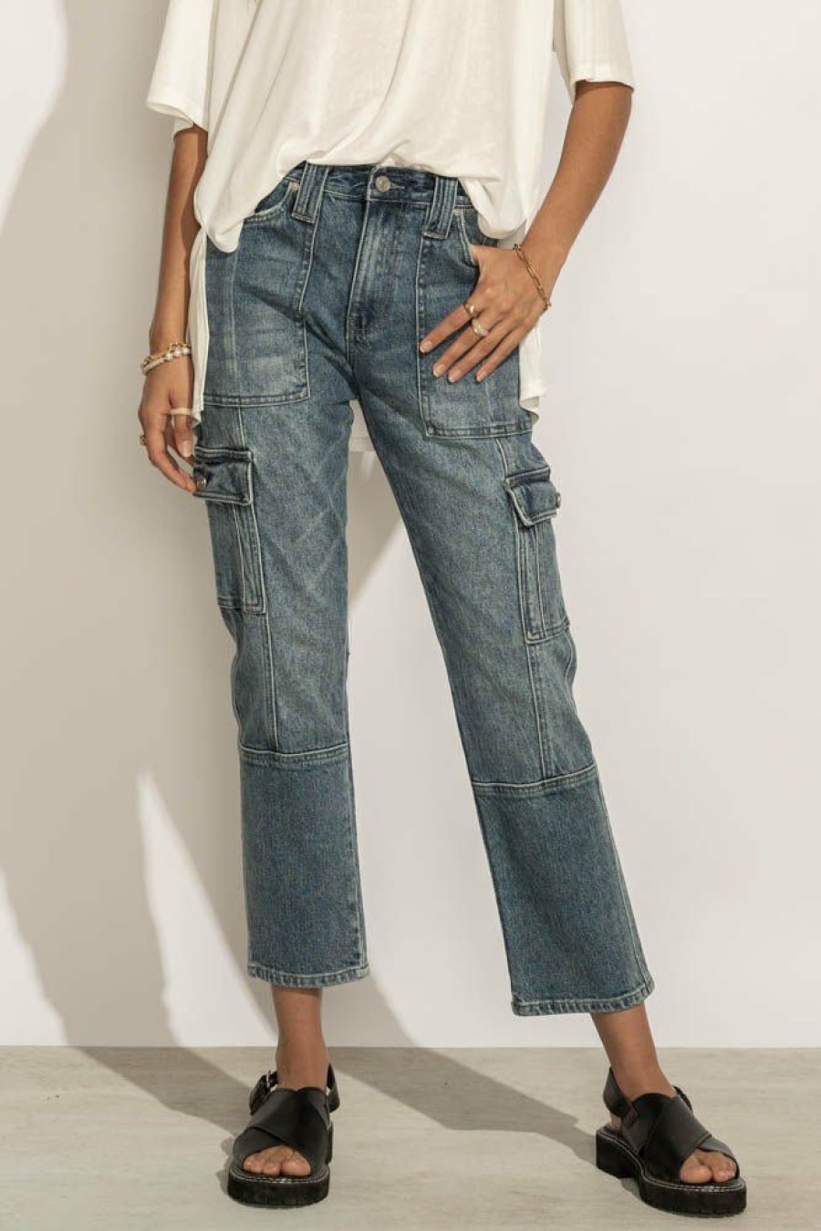 Jeans * | Wholesale Kancan Holle Straight Leg Pant Final Sale Medium Wash