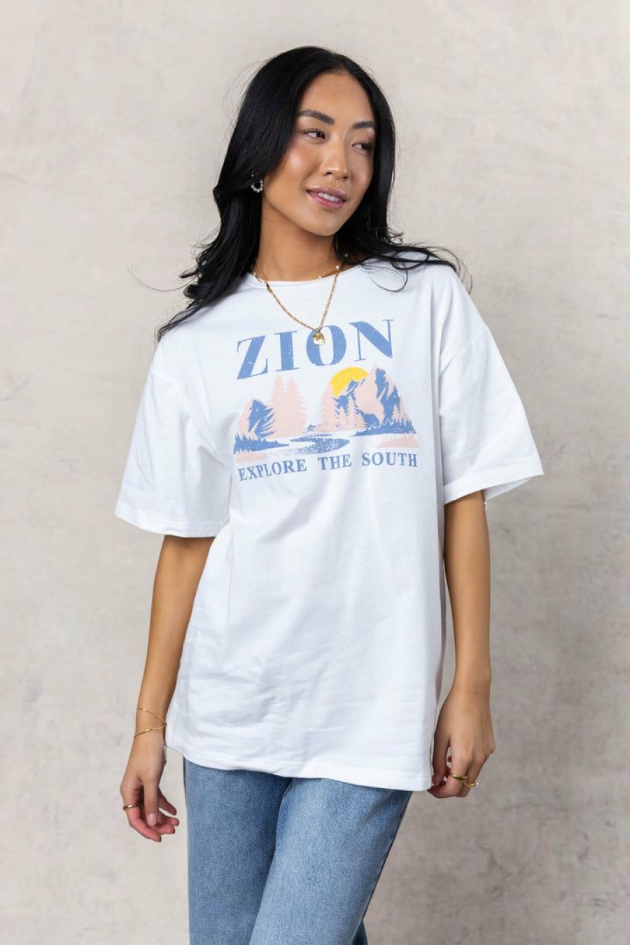 Tops * | Cheapest Wellmade Inc Tops Zion Graphic Tee Off White