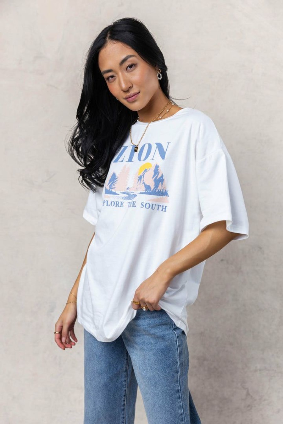 Tops * | Cheapest Wellmade Inc Tops Zion Graphic Tee Off White